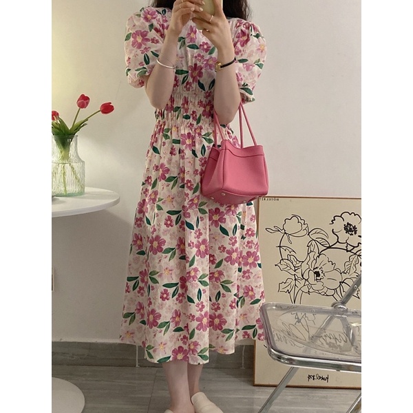 Đầm hoa nhí dáng dài, Váy maxi hoa cổ tròn chun eo phong cách vintage Linzstore