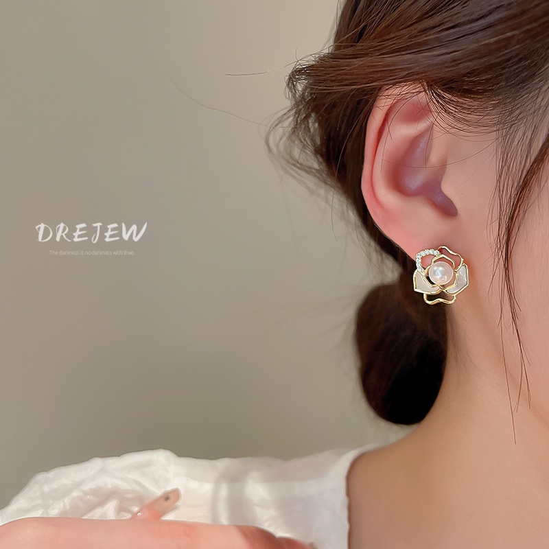 DREJEW Khuyên tai mạ vàng bạc kiểu hoa đính đá ngọc trai đơn giản phong cách Hàn Quốc
