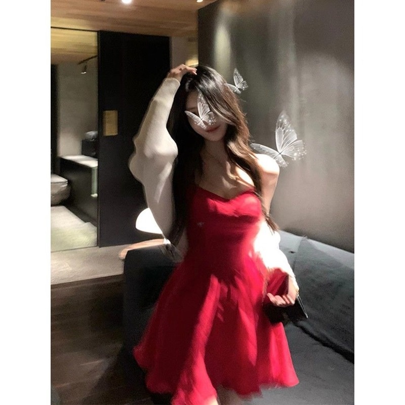 Đầm Hai Dây Mỏng Màu Đỏ Phân Tử Thời Trang Mùa Hè Hàng Mới Dành Cho Bạn Nữ