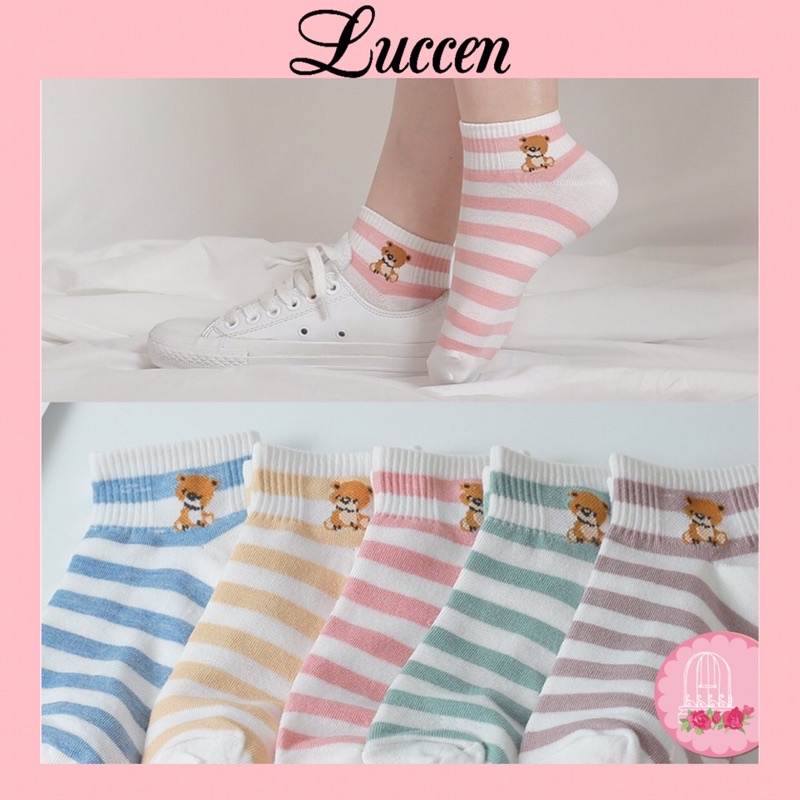 Tất Vớ Nữ Cổ Ngắn Kẻ Sọc Dễ Thương Set 5 Đôi Cotton Mềm, Mịn Thoáng Chân T03