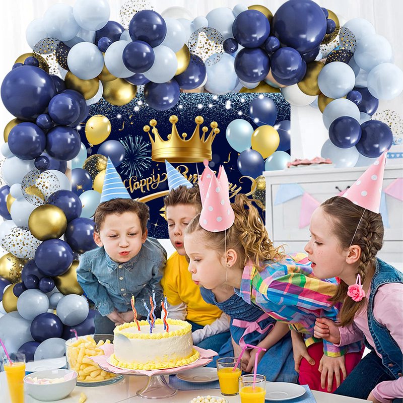Bộ Bong Bóng Vàng Xanh Navy Với Vương Miện Và Phông Nền Hoa Giấy Bạc Trang Trí Tiệc Sinh Nhật