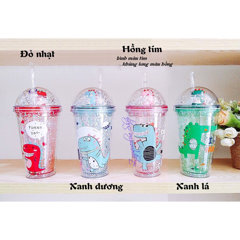 Ly Khủng long 3D kim tuyến nhiều màu sắc (kèm ống hút) 380ml dễ thương kute