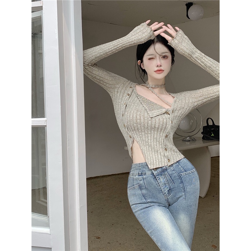 Porozi  Áo Croptop Dệt Kim Tay Dài Cổ Vuông Kiểu Hàn Quốc Xinh Xắn Cho Nữ
