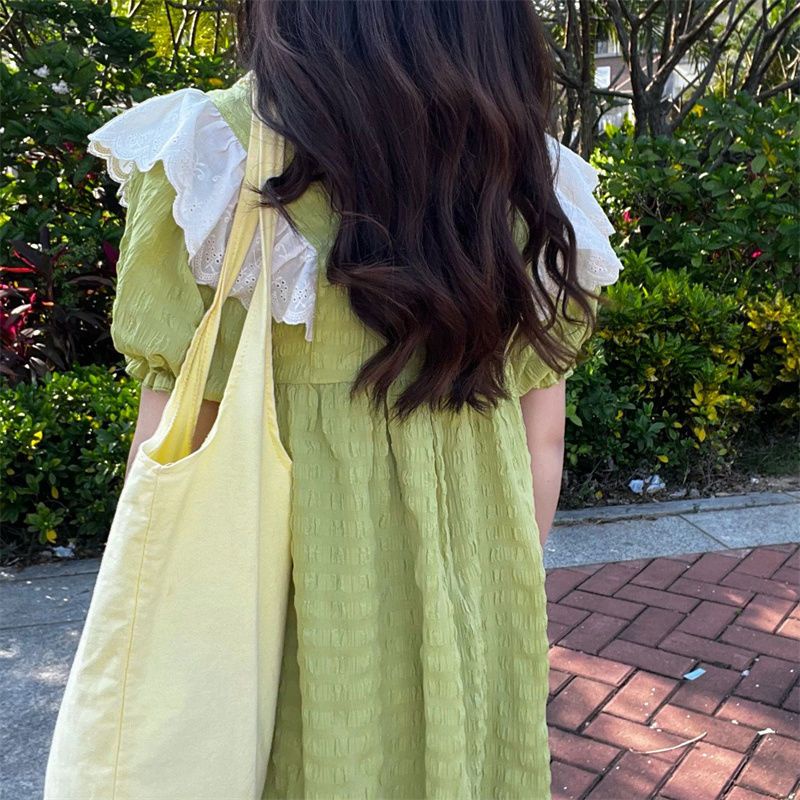 Đầm babydoll Đầm Dáng Chữ a Tay Bay Phối Ren Họa Tiết Hoa Cúc Màu Xanh Lá Ngọt Ngào Thời Trang Mùa Hè Cho Nữ