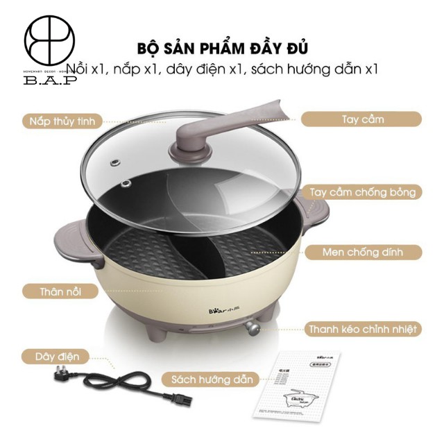 Nồi Lẩu Uyên Ương 2 Ngăn Điện Dung Tích 6L Chính Hãng Cao Cấp  Bear DHG-B60R6