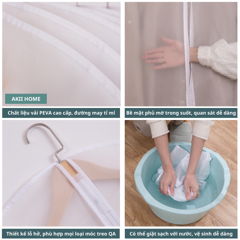 Túi bọc quần áo chống bụi trong suốt, chất liệu PEVA có thể giặt Akii Home TD38