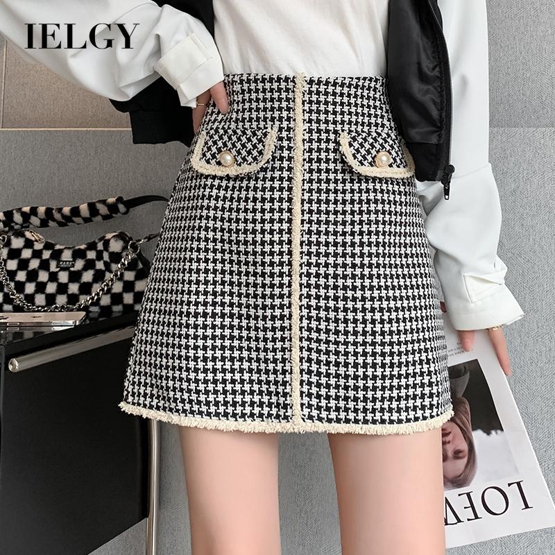 IELGY   Chân Váy Len Lưng Cao Họa Tiết Sọc Caro Phong Cách Hàn Quốc