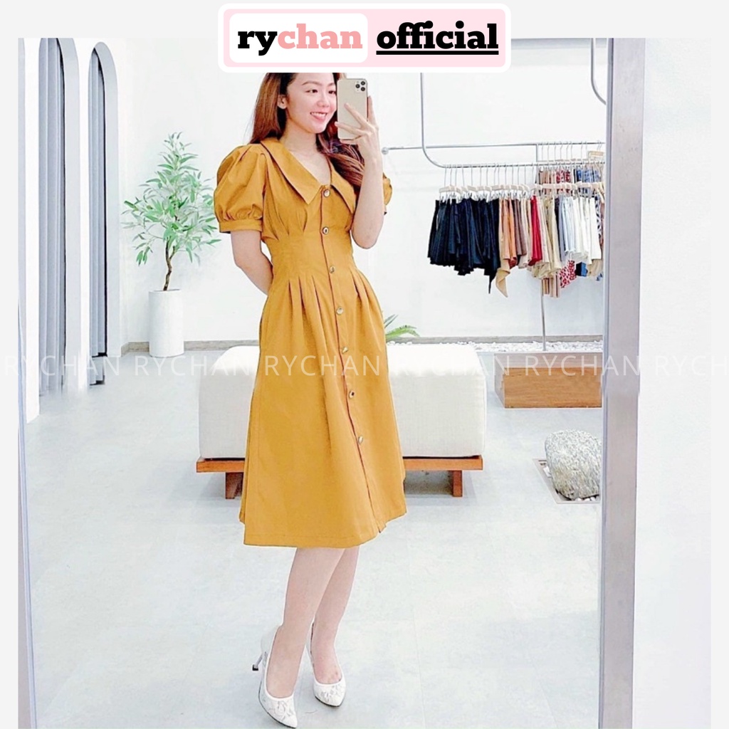 Đầm Nữ Dự Tiệc Dáng Sơ Mi Tay Ngắn Phồng Xếp Li Eo Tôn Dáng Cực Màu Xanh Vàng - DX9791