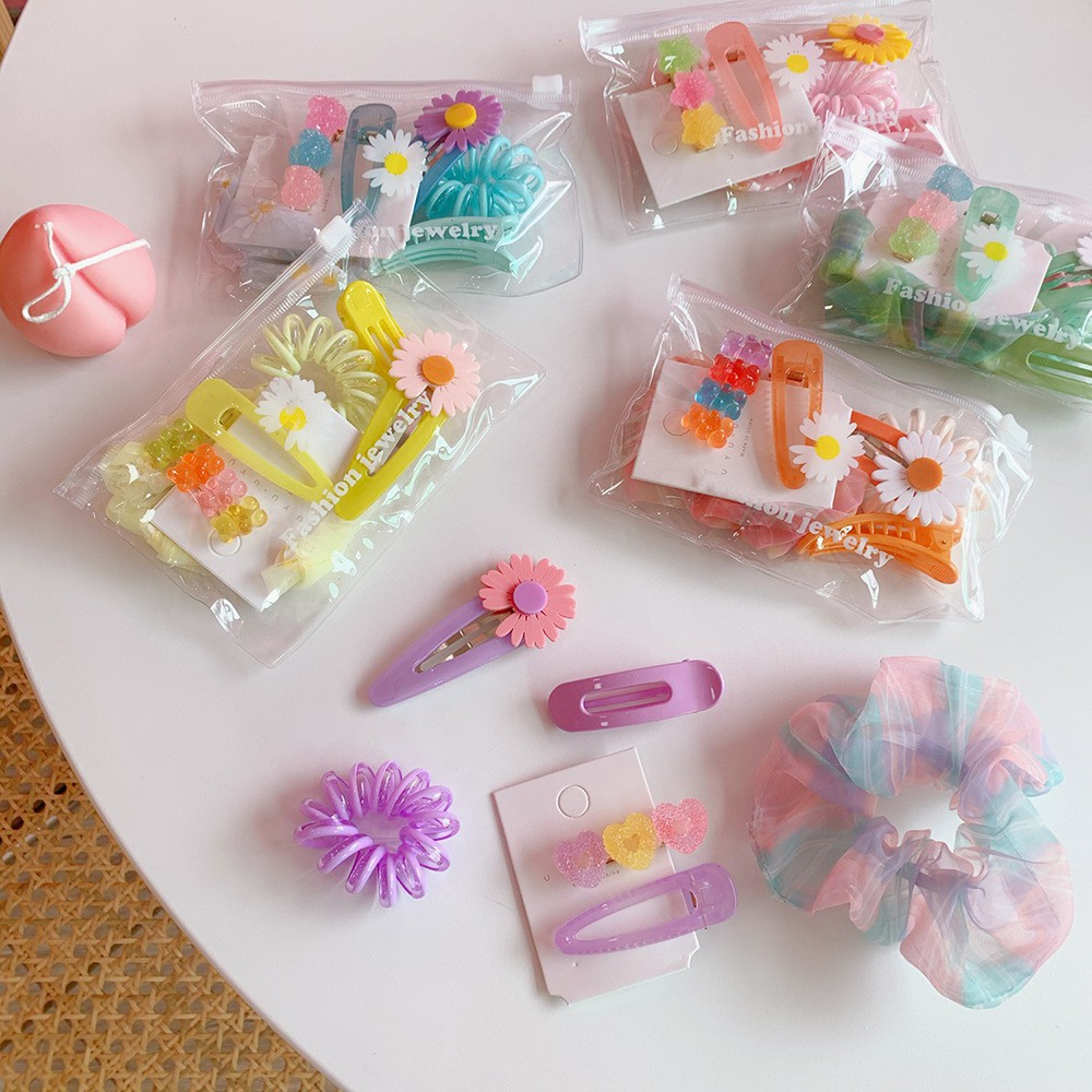 Set 6 Món Cột Kẹp Tóc Scrunchies Hoa Cúc Theo Tone Màu