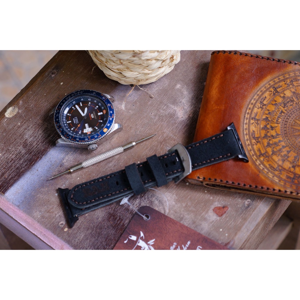 Dây đồng hồ Apple Watch , Iwatch , Iphone Watch Da Bò Thật Đen Tuyền RAM Leather Classic 1966  Bền Đẹp