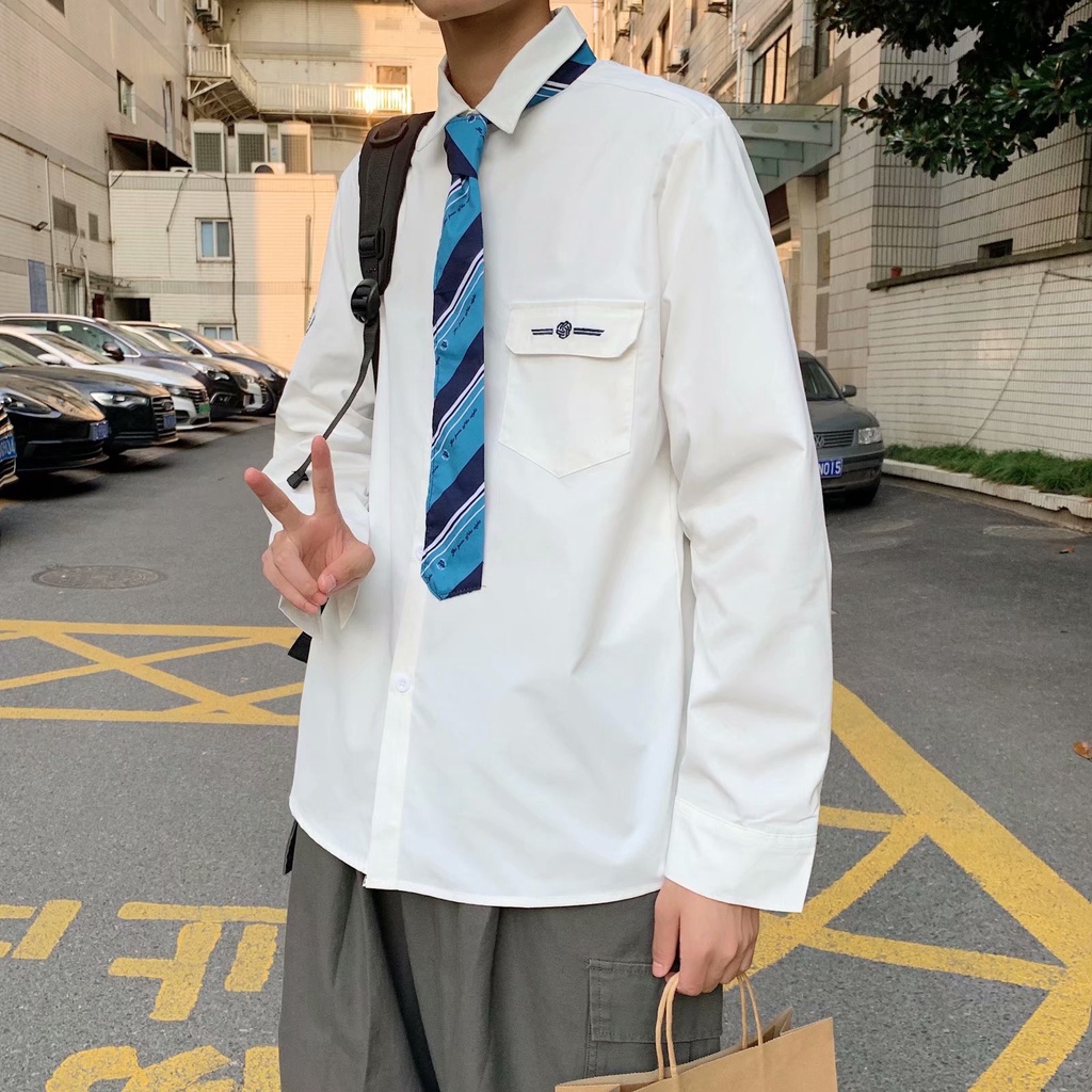 White Long Sleeve Shirt + Men's Fashion Tie Size M-2Xl