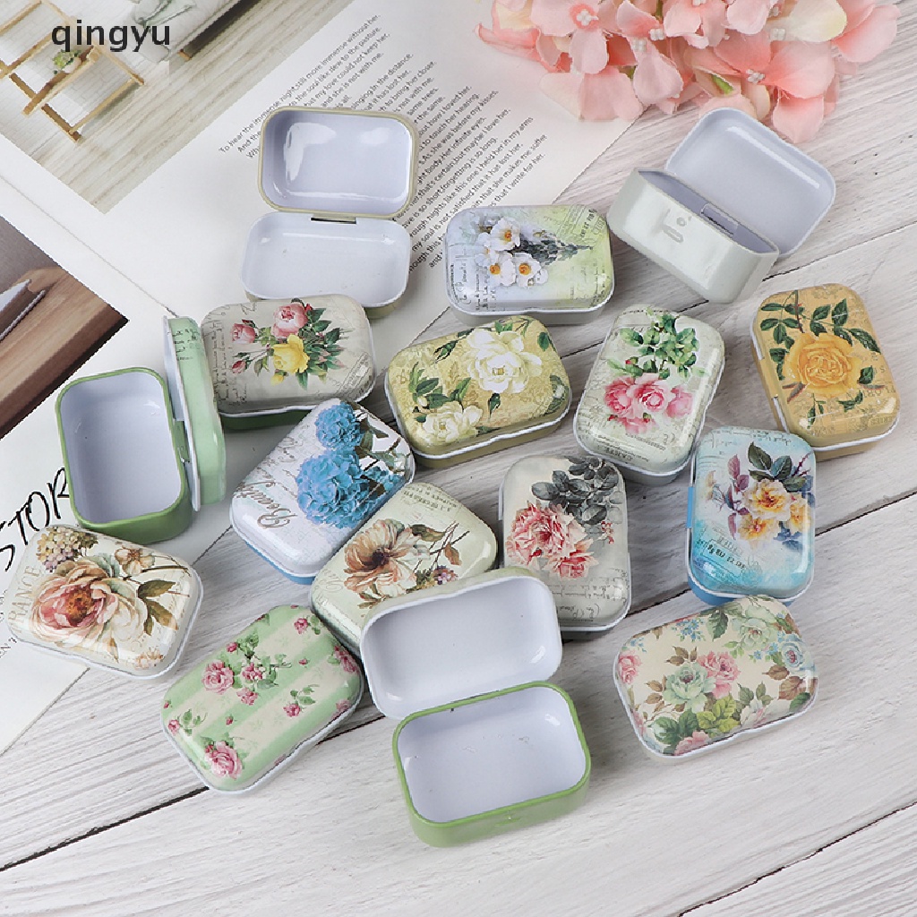 Qyvn Hộp thiếc mini đựng trang sức hình chữ nhật in họa tiết hoa