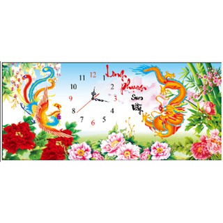 Tranh thêu đồng hồ chữ thập long phụng sum vầy ( chưa thêu)-X8046