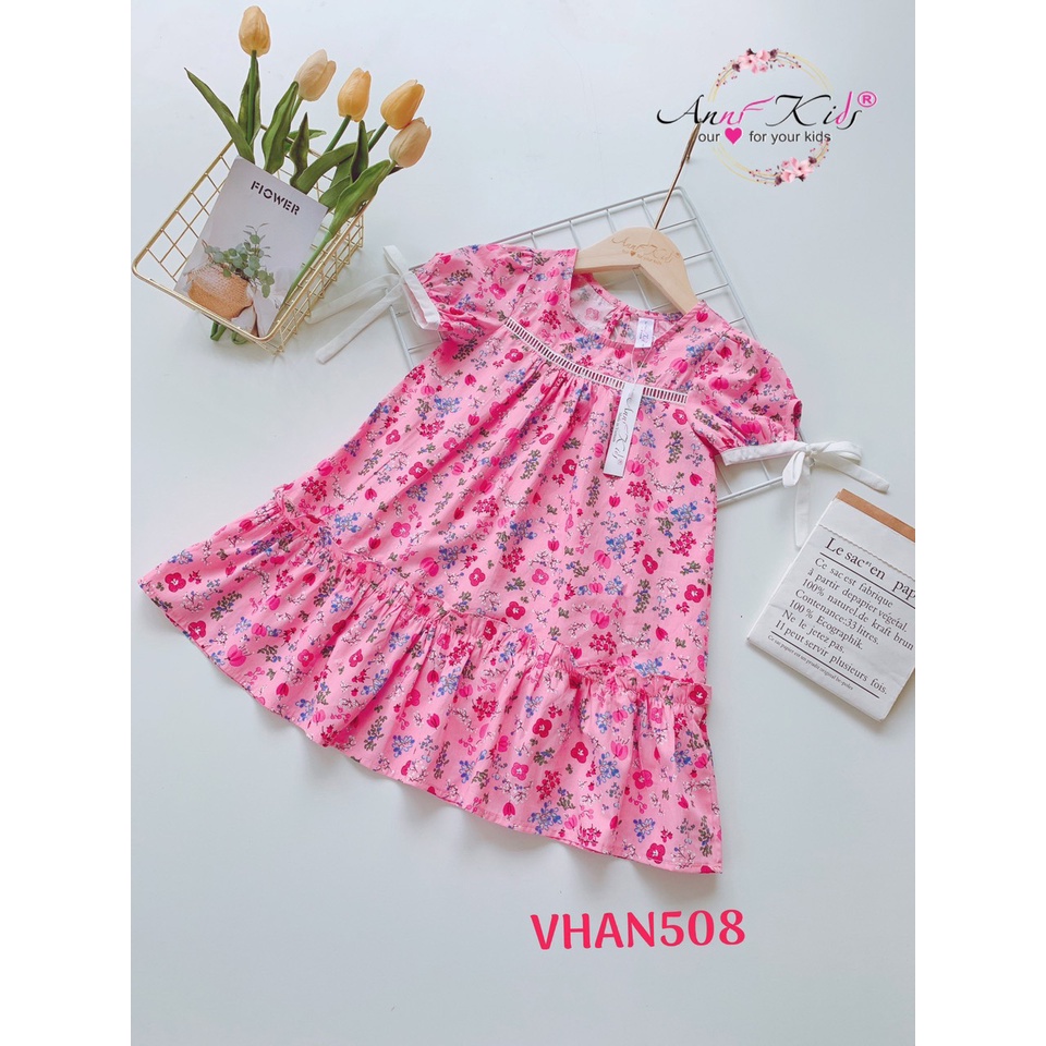 ĐẦM ĐUÔI CÁ REN NGỰC TAY BUỘC NƠ VẢI THÔ HOA TIỂU THƯ  BÉ GÁI 20-38KG