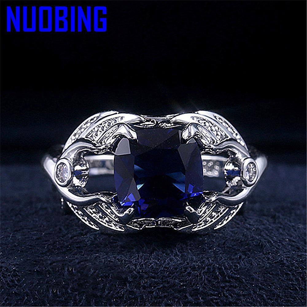 Fashion Angel Wings Blue Crystal Sapphire Gemstones Diamonds Rings For Women Men White Gold Silver Color Jewelry Bague Accessory|Rings|