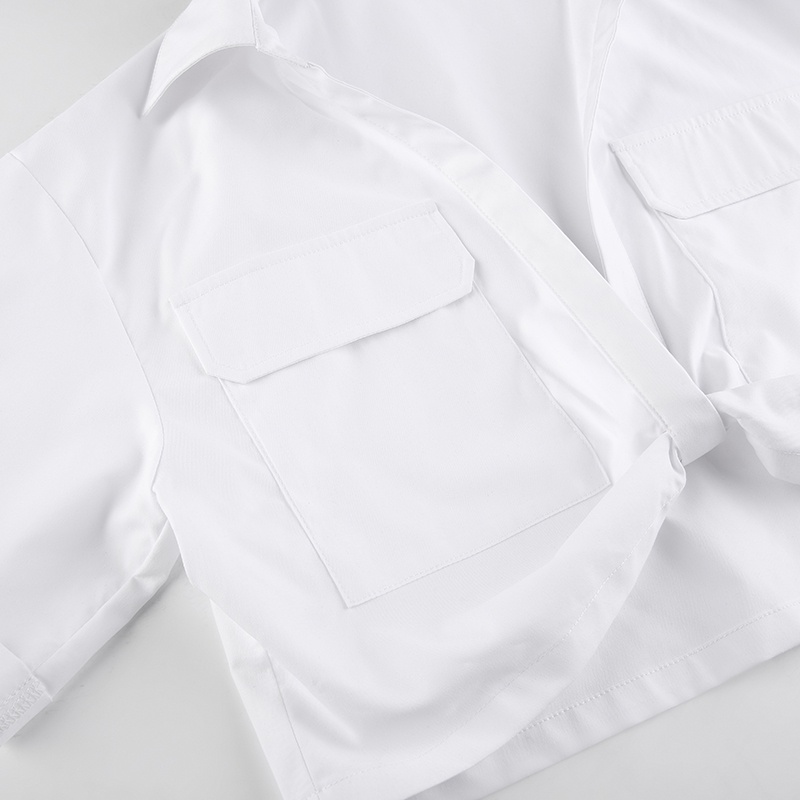 Áo Thun Tay Ngắn Cổ Chữ V Khoét Sâu Có Túi Quyến Rũ Màu Trắng Trơn Dễ Phối Đồ Cho Nữ