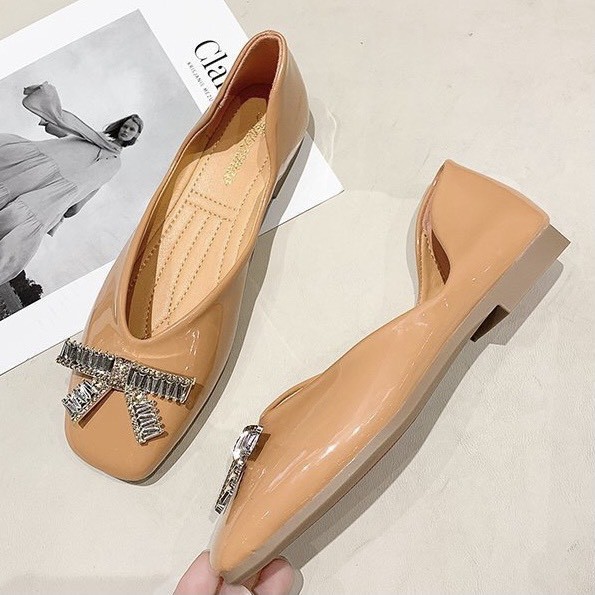 Giày bệt nữ 💎SALE💎 giày búp bê công sở xinh đính đá nơ mũi tròn đẹp da bóng đế chống trơn hàng nhập khẩu cao cấp | BigBuy360 - bigbuy360.vn