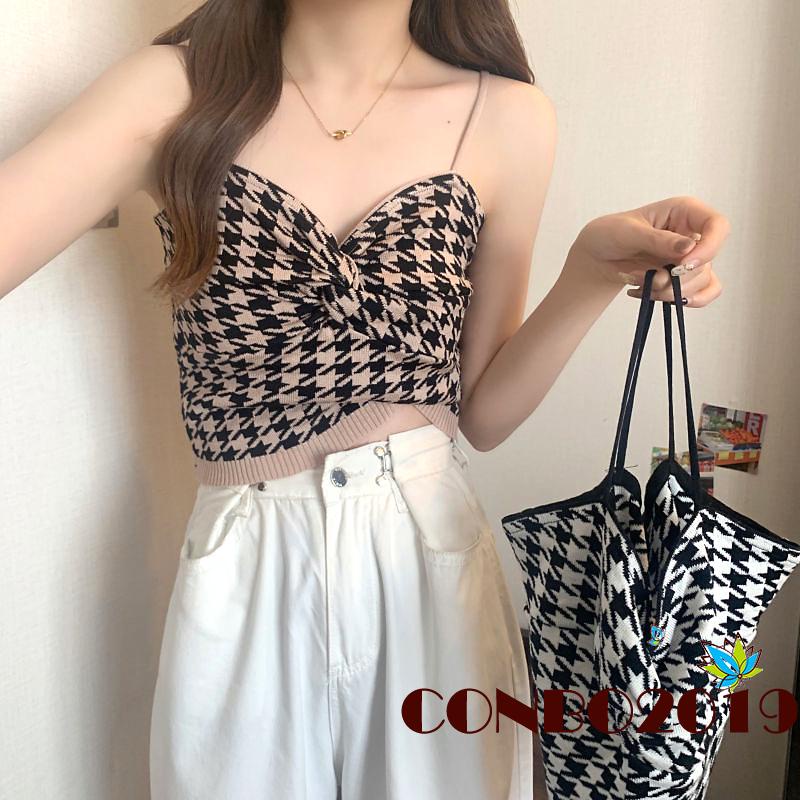 Hgm- Áo Tank Top Ôm Dáng Thắt Nút Họa Tiết Houndstooth Thời Trang Mùa Hè Cho Nữ