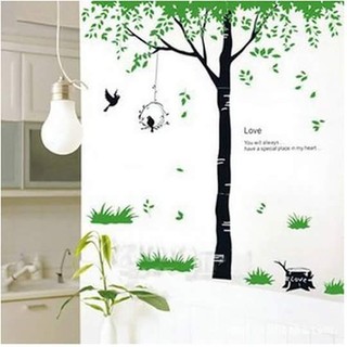 Decal dán tường Cây xanh lồng chim