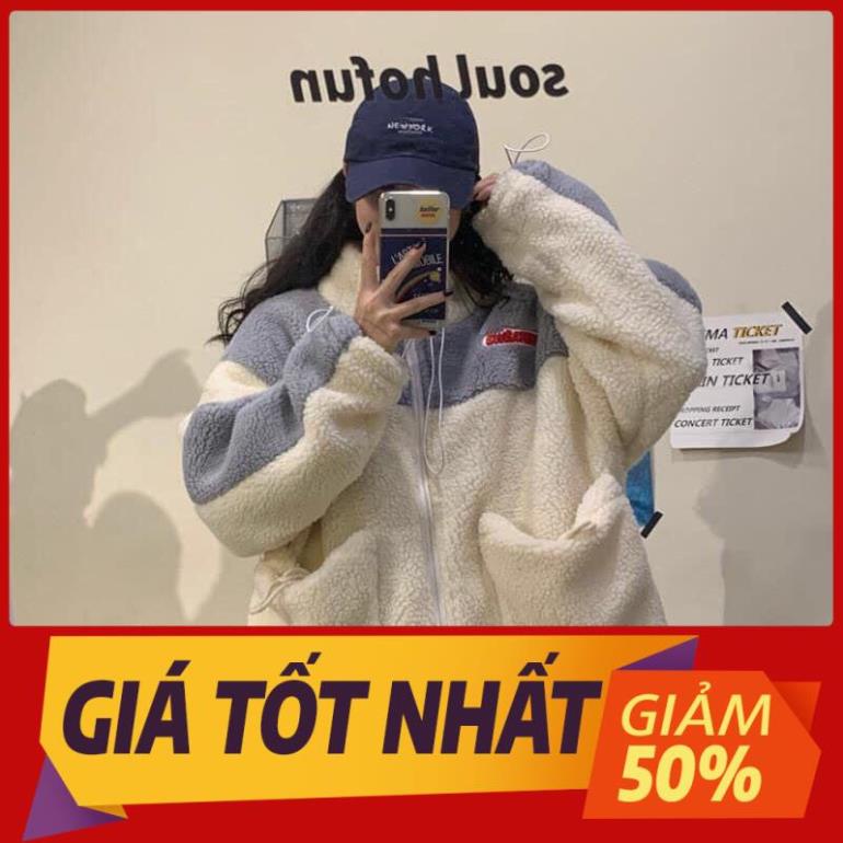 Sale Áo khoác lông dài tay mềm phối viền xám chữ thêu cổ trụ màu basic áo nỉ sweater nữ thu đông ulzzang freesize