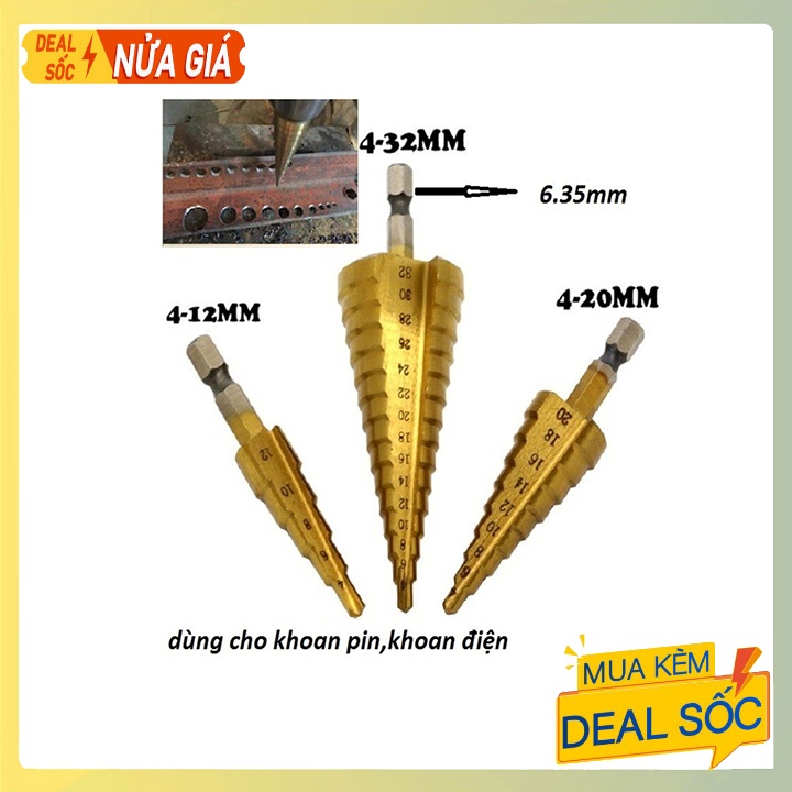 Bộ 3 mũi khoan bước phủ titan siêu cứng,đường kính 4-20mm - Khoan được nhiều cỡ lỗ trong 1 mũi khoan