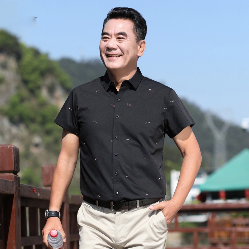 Áo sơ mi nam trung niên ngắn tay vải lụa mềm mát co giãn nhẹ alua13