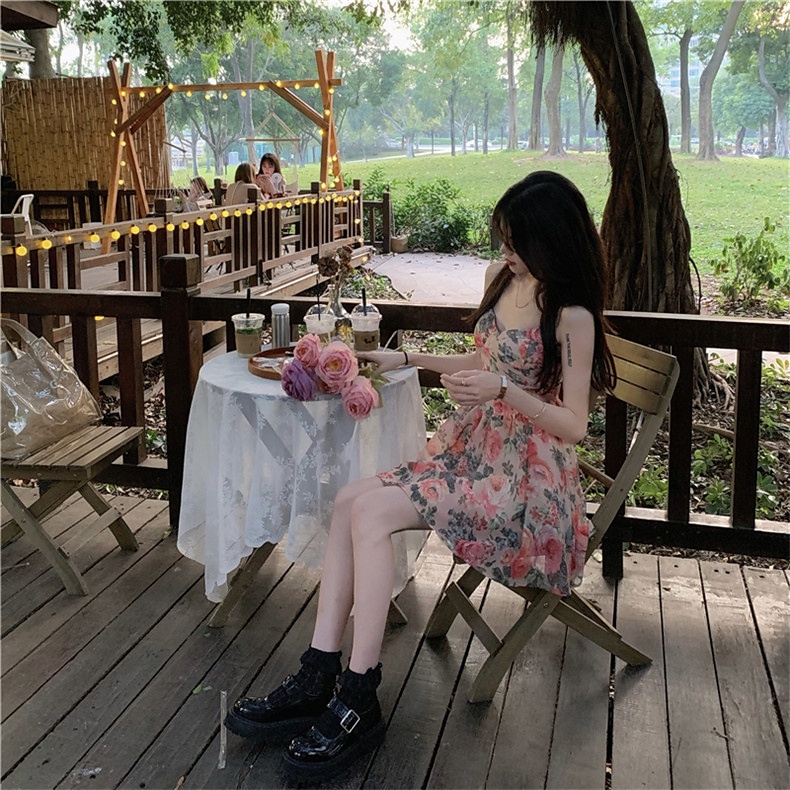 Đầm chiffon hai dây ZHELIHANGFEI nhấn eo họa tiết hoa phong cách sang trọng thời trang