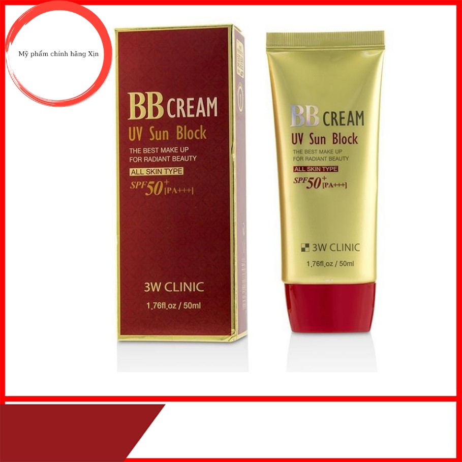 Kem nền trắng da giữ ẩm - Kem nền trang điểm chống nắng BB Cream 3W Clinic UV Sun Block BB Cream SPF50+/PA+++ 50ml