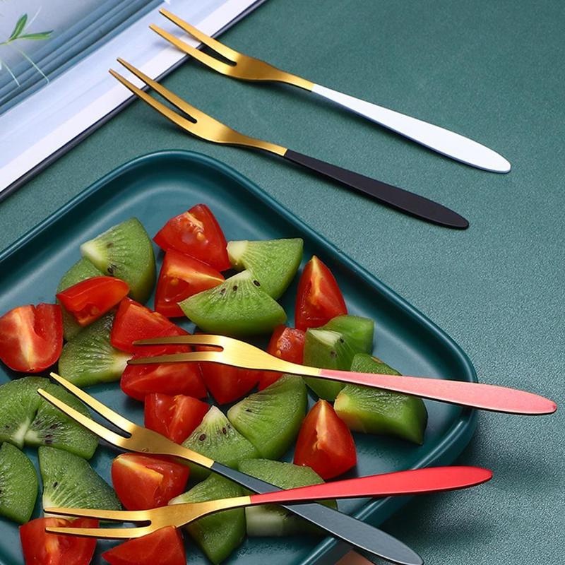 1 Nĩa Ăn Trái Cây Hai Tầng Bằng Thép Không Gỉ Với Tay Cầm Dài / Nĩa Tráng Miệng / Salad Nhiều Màu Sắc Dành Cho Nhà Bếp