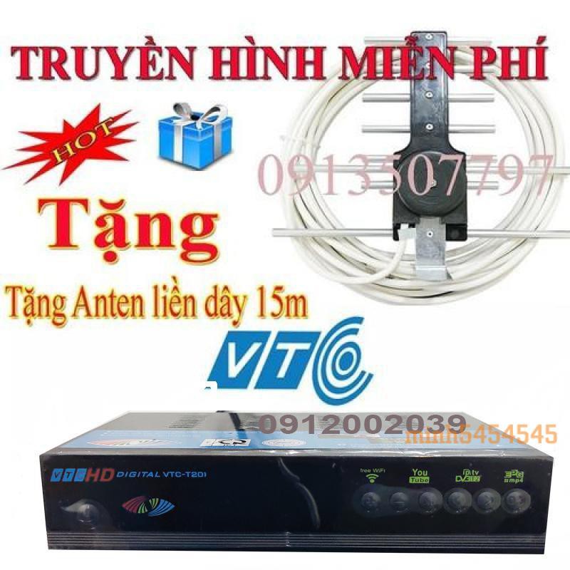 đầu thu truyền hình số mặt đất DVB T2 VTC T201 tăng anten kèm dây 15m