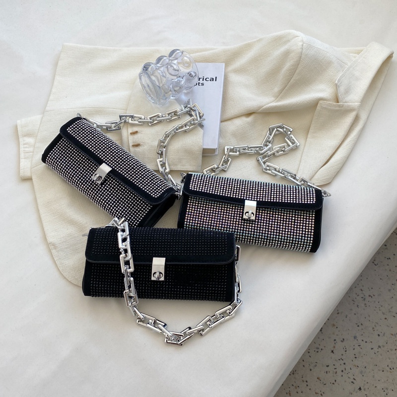 Túi Xách JASMIN NOIR Đeo Chéo Nắp Gập Quai Xích Họa Tiết Kim Cương Cho Nữ
