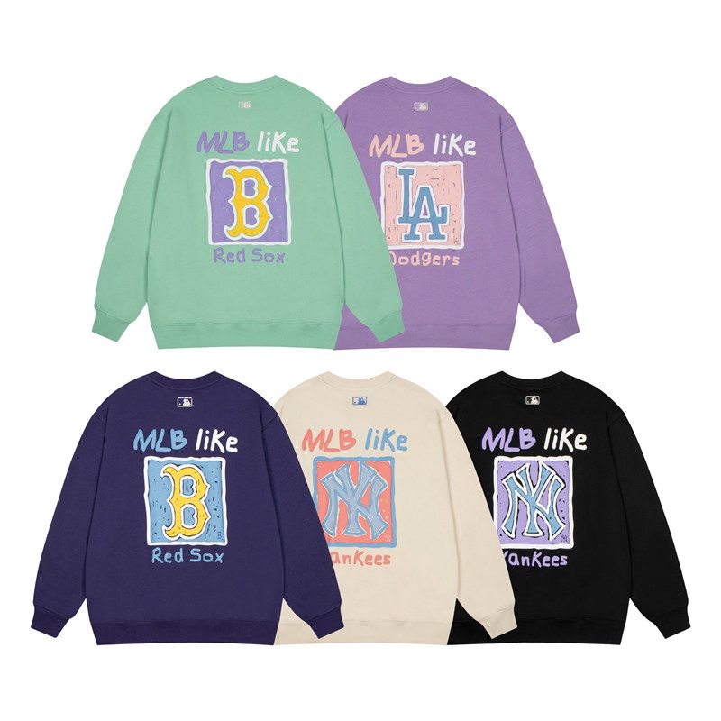 Áo thun tay dài cổ tròn dáng rộng in họa tiết mlb graffiti cá tính thời trang dành cho cặp đôi