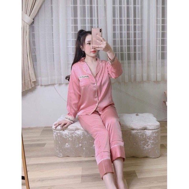 Bộ Lụa Pijama Áo Dài Quầm Dài Phối Chữ Cao Cấp