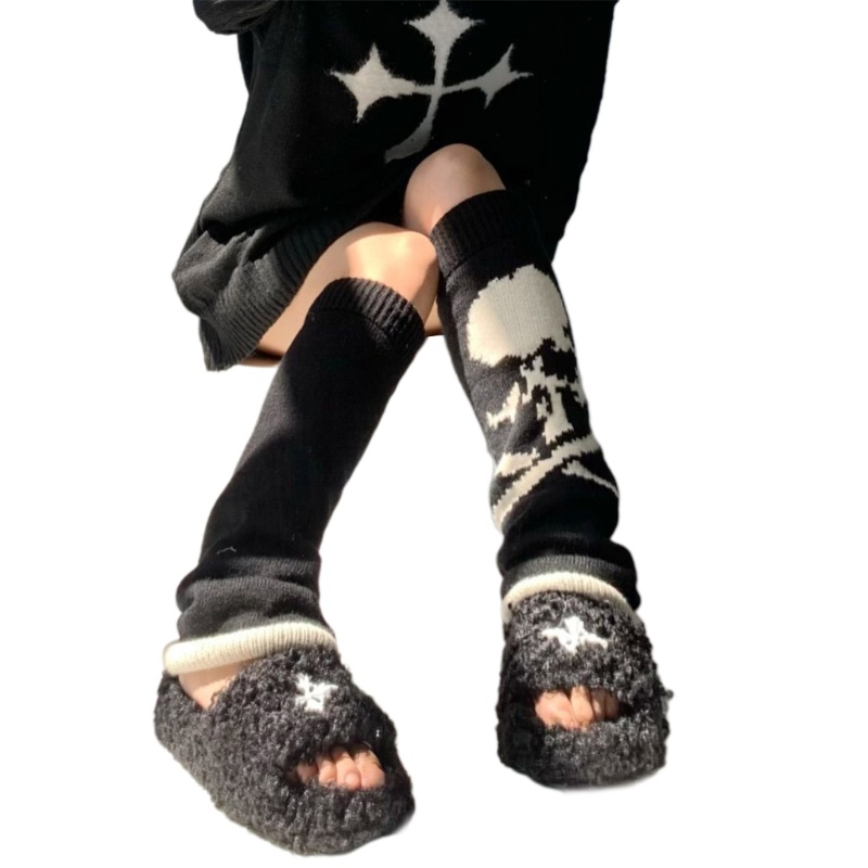 Xiangbao Vớ Dệt Kim Giữ Ấm Đầu Gối Họa Tiết Đầu Lâu Phong Cách Gothic Punk Cho Nữ