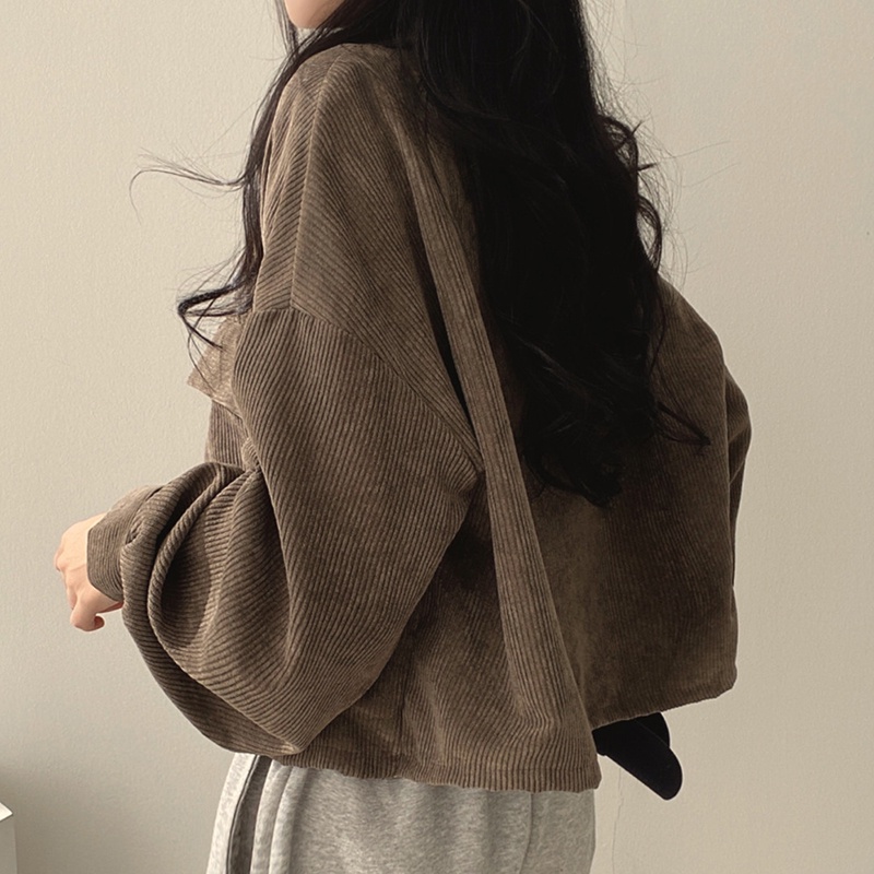 IELGY  Áo Khoác Nhung Kẻ Dáng Rộng Tay Dài Phong Cách retro Dành Cho Nữ