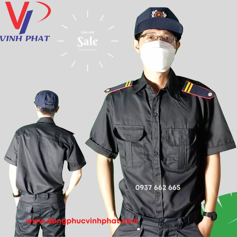 Áo đồng phục bảo vệ đen tay ngắn vải kaki bền chắc, dày dặn thể hiện tính chuyên nghiệp và kỷ luật cao