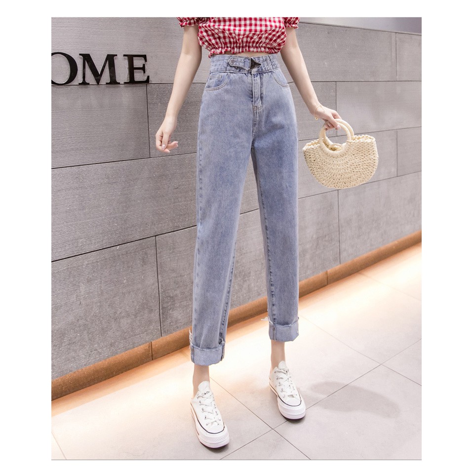 QUẦN BAGGY JEAN NỮ KHOEN TAM GIÁC LƯNG CAO MÀU XANH NHẠT LAI CUỐN CAO CẤP UTI ĐỦ SIZE S, M, L CHẤT NHƯ NƯỚC CẤT
