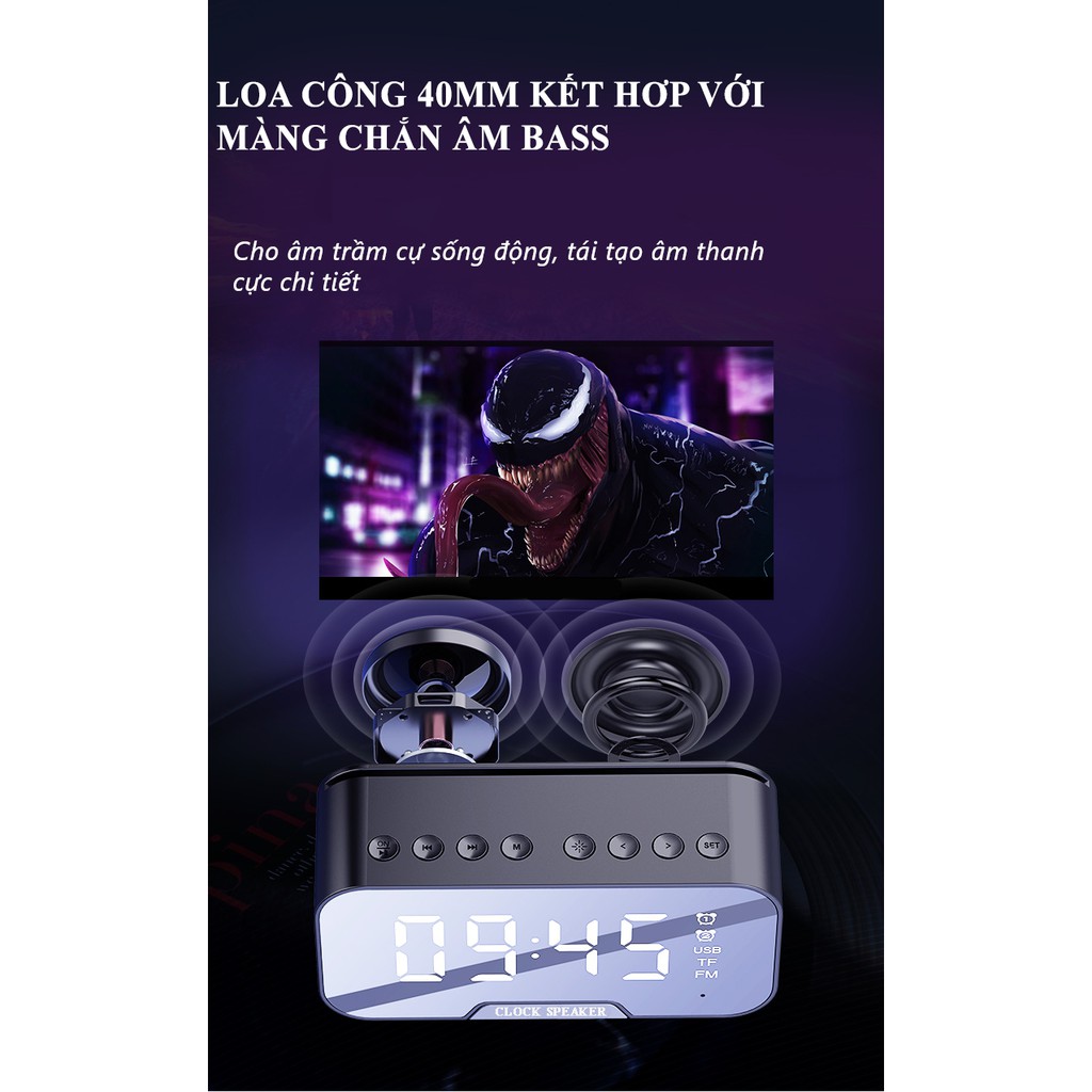  Loa bluetooth Yoking clock speaker D 88 mặt kính tráng gương làm đồng hồ và đèn ngủ