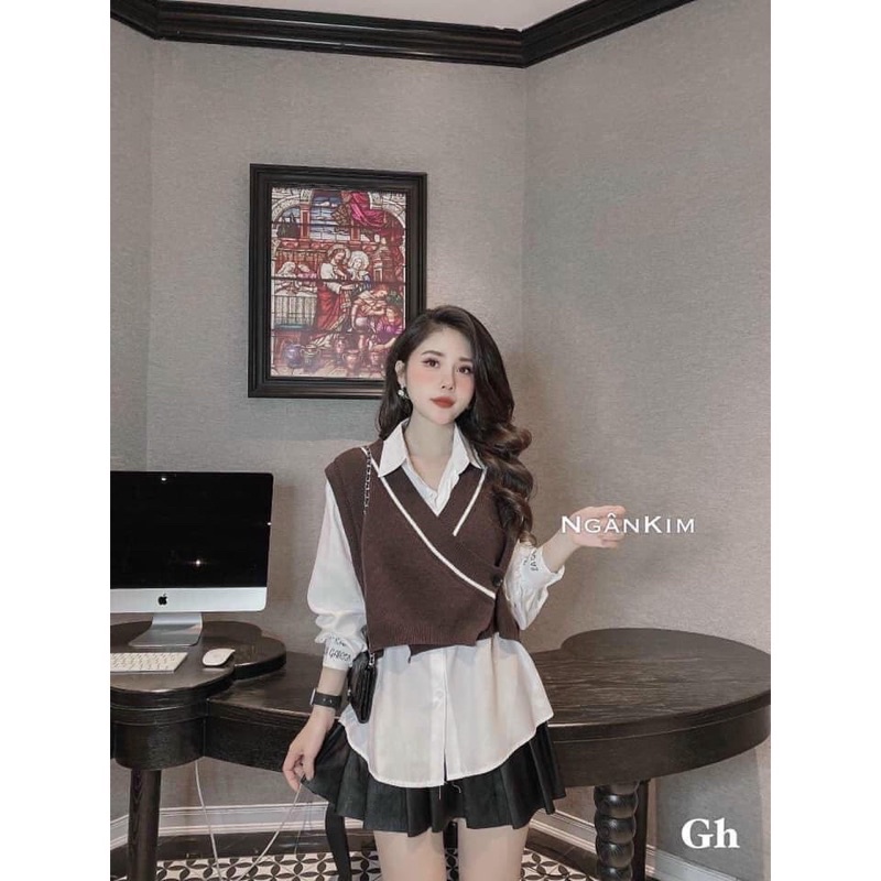 Áo gile pha viền phối bo dệt màu