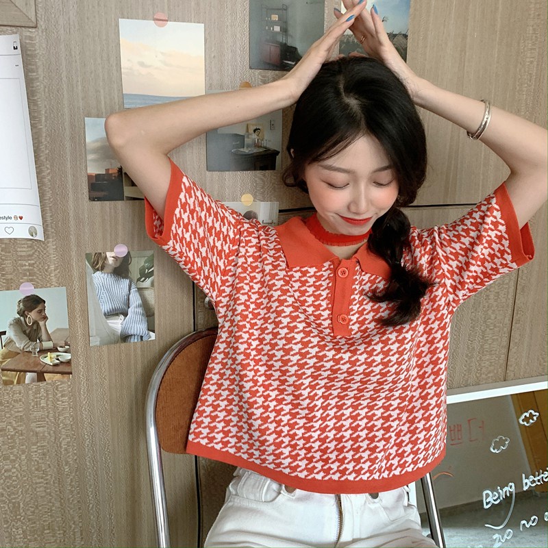 Áo Croptop Dệt Kim Tay Ngắn Dáng Rộng Cổ Bẻ 2 Màu Phong Cách Hàn Quốc Thời Trang Cho Nữ B-12