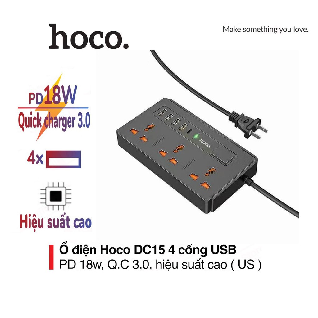 Ổ cắm điện đa năng Hoco DC15 sạc nhanh PD18W hỗ trợ 4 cổng USB- cổng AC 220V tiện dụng và an toàn