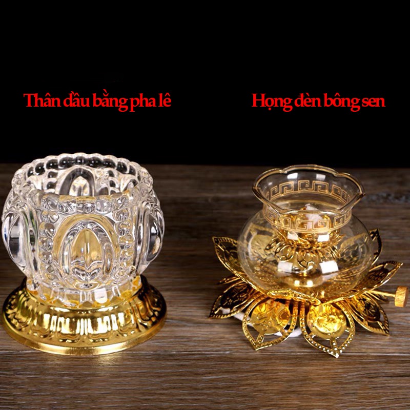 Đèn dầu thủy tinh pha lê 06 họng đèn bông sen- phật giáo tuệ quang