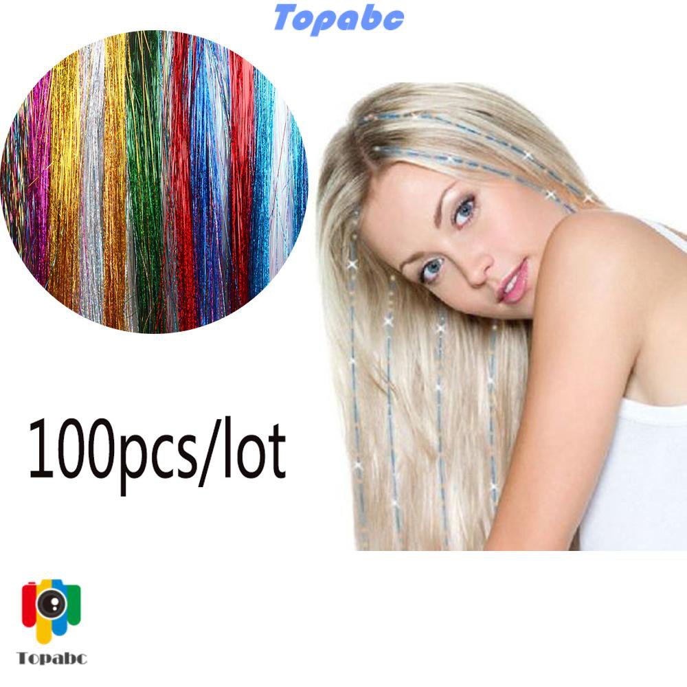 📞TOP💻 100 Strands Hot Sale Hair Tinsel Party Bling Silk Hair Extension Synthetic Hair Sparkly Streak Clubbing Girls Glitter Rainbow  Color