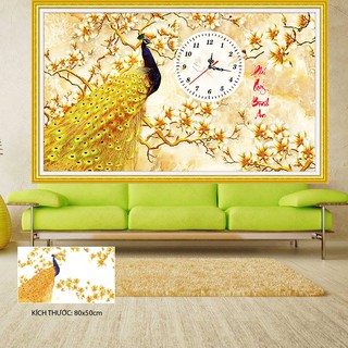 Tranh đính đá đồng hồ chim công PHÚ QUÝ BÌNH AN. Kích thước: 80x50cm