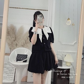 Set áo cổ bèo mix chân váy xếp ly