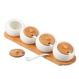 Bộ gia vị bằng gốm nắp gỗ
