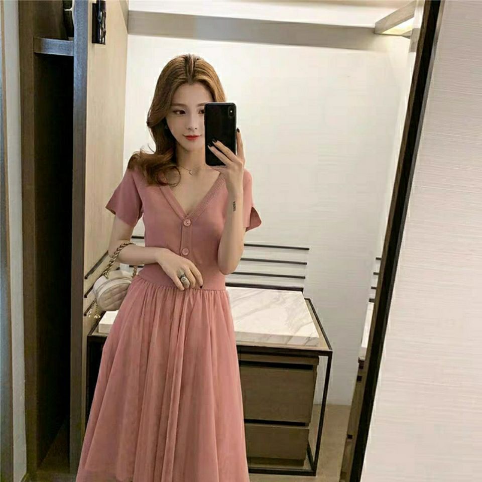 [LININ] Đầm Dài Phối Lưới Mỏng Tay Ngắn Phong Cách Mới Mùa Hè Kích Thước Lớn