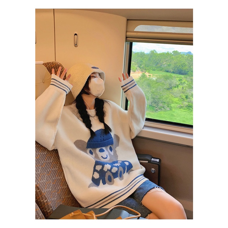 Áo Sweater Dệt Kim Dáng Rộng In Hình Chú Gấu Màu Xanh Dương Kiểu Hàn Quốc Thời Trang Mùa Thu Mới 2021