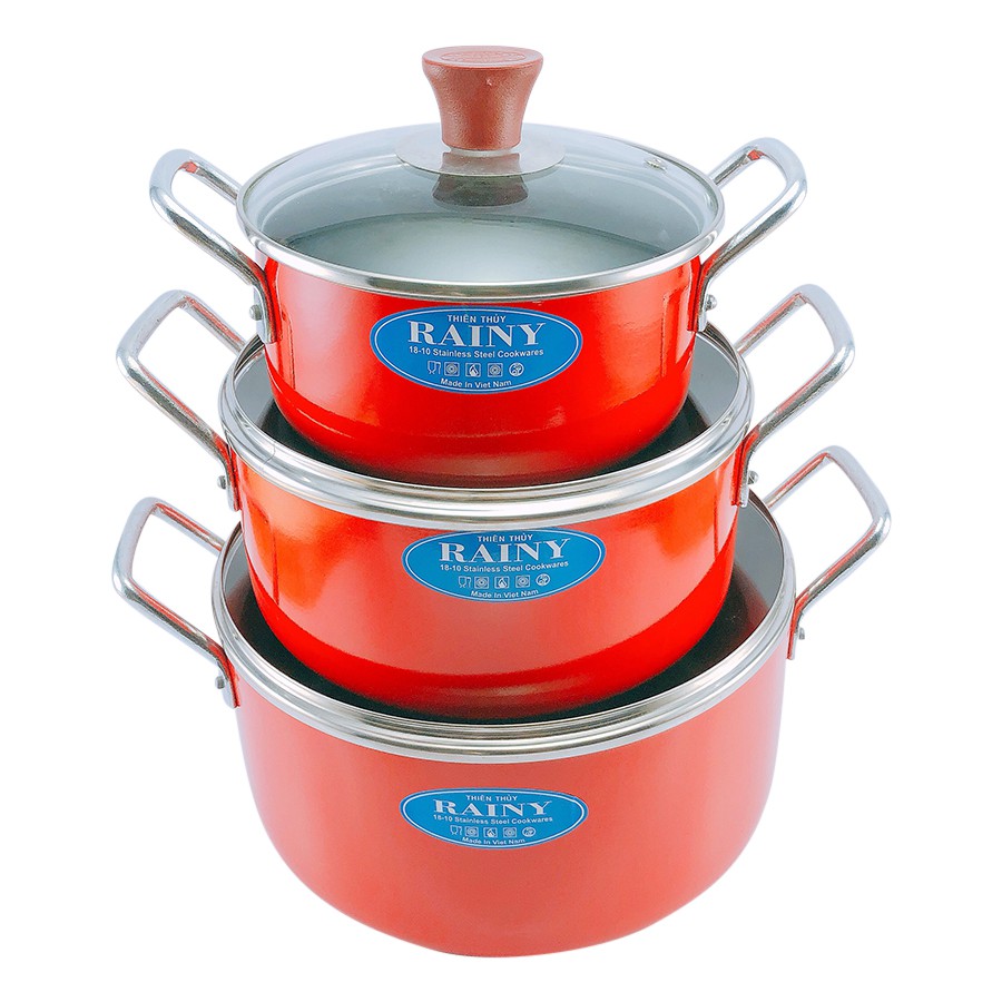 Bộ 3 nồi nhôm chống dính nắp kính Rainy RN 06TT-KDV (Đỏ)