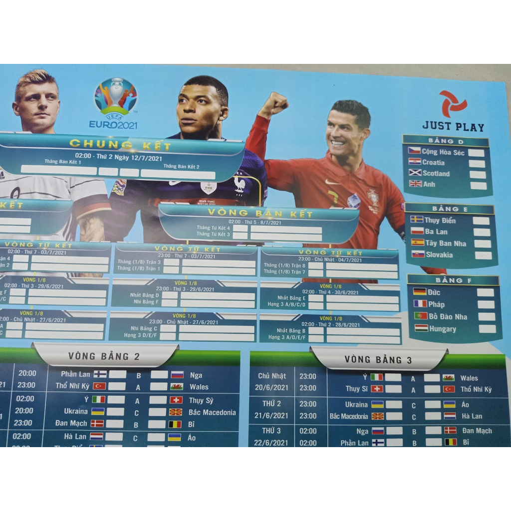 Lịch thi đấu euro 2021 kích thước 40x60cm có thể ghi tỉ số